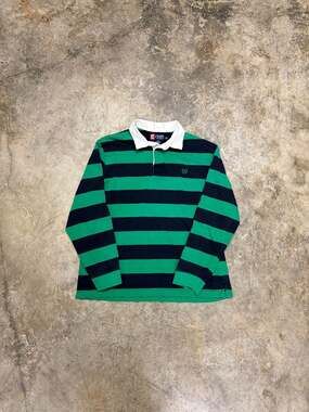 Vintage Rugby Shirt Striped Long Sleeve Green and Navy Blue Chaps Mens XL